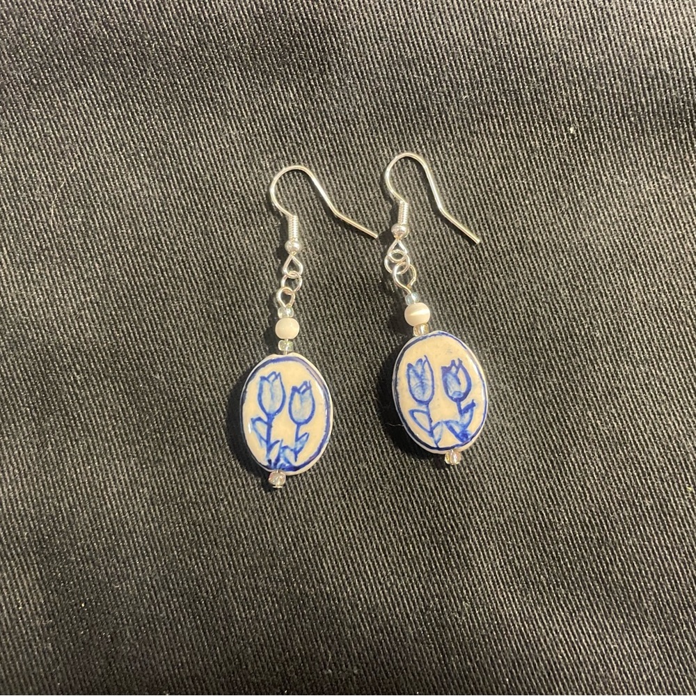 Blue and Silver Dangle Earrings with Oval Pendants